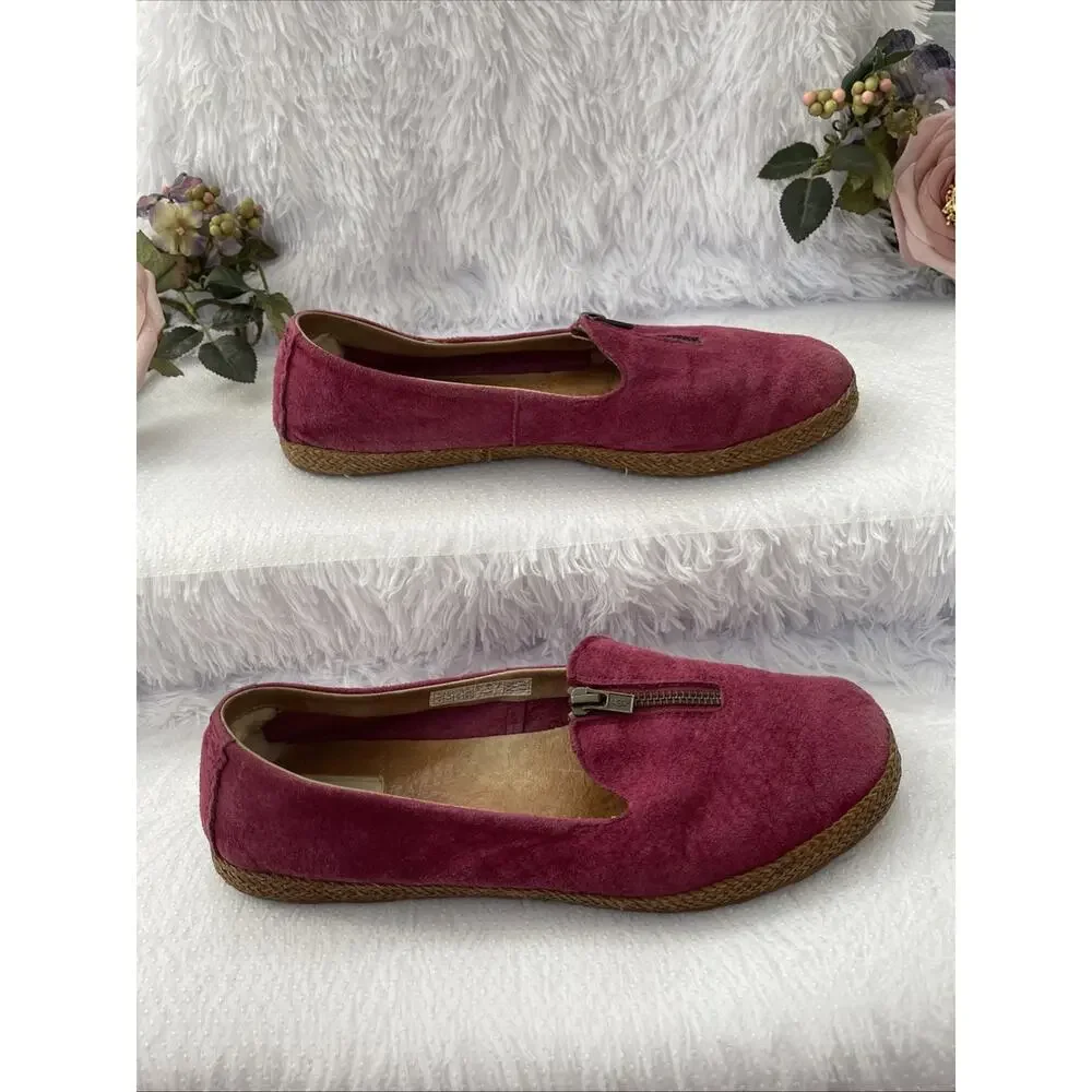 UGG Pink Suede Zip Front Flats Loafers Espadrille Trim Women’s Size 10 EU 41